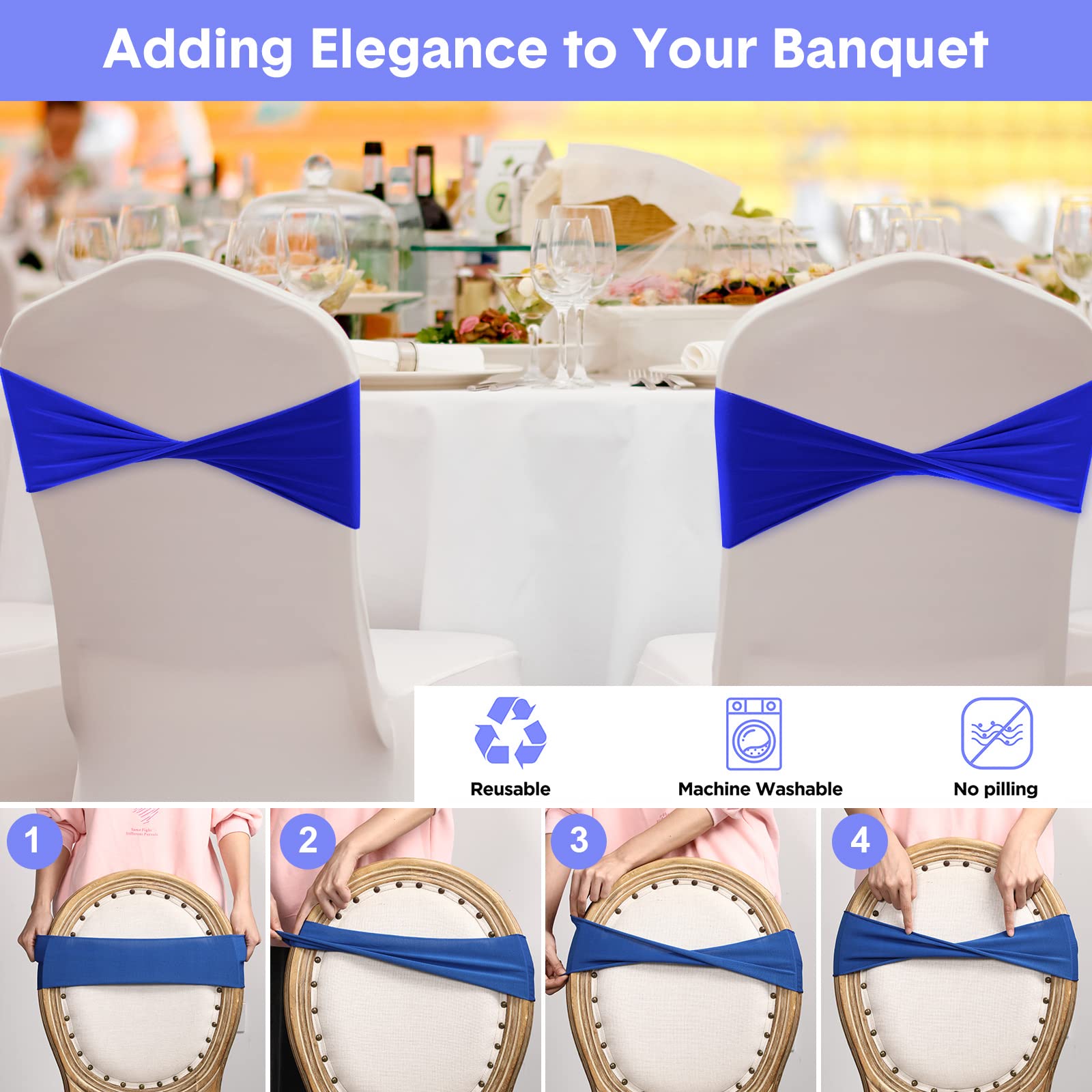 Frienda 120 Pieces Spandex Stretch Chair Sashes Bows, Elastic Chair Cover Bands Ties Without Buckle for Wedding Reception Events Universal Ceremony Banquet Decorations (Royal Blue) - Image 6