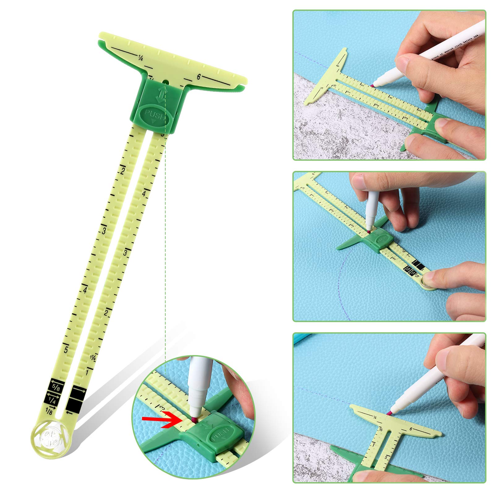 Frienda 2 Pieces Sewing Gauge with Sliding Marker, 5-in-1 Measuring Sewing Tool, Fabric Ruler Sliding Gauge Hemming Ruler for Quilting Knitting Crafting Beginner Supplies Machine Accessories - Image 3