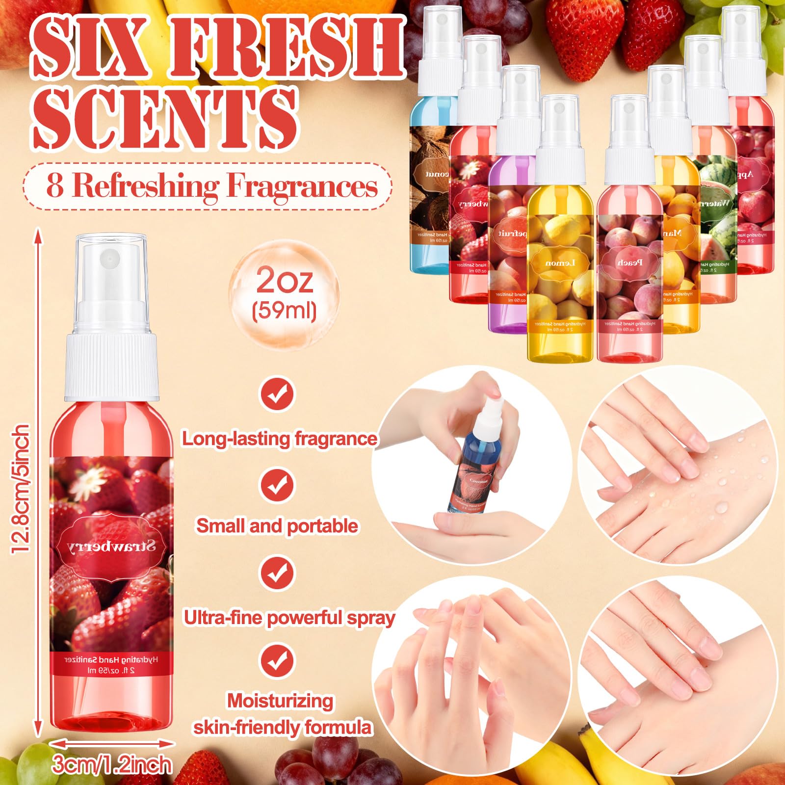 Frienda 24 Pcs Fruity Scented Mini Hand Sanitizer Spray Bulk Travel Size 2 Fl. oz Hydrating Power Mist Small Hand Sanitizer Spray for Personal Use Purse Bag Backpack Handbag Desk Drawer Car Restaurant - Image 3