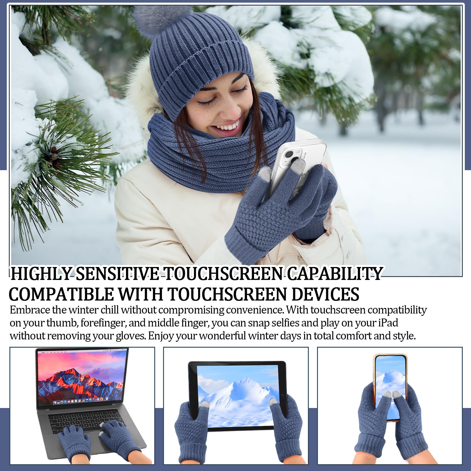 Geyoga 3 Pcs Winter Beanie Hat Scarf Gloves Set Warm Winter Knit Hats with Pom Long Scarf Touchscreen Gloves for Women Men - Image 4